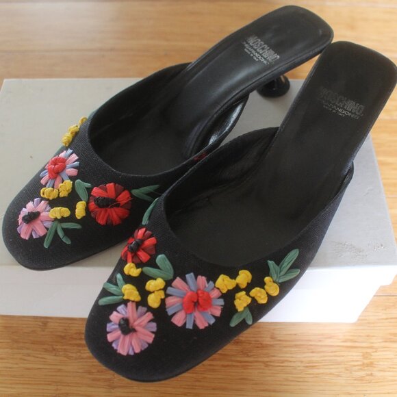 True Vintage 1990s Moschino Black Canvas Mule Heels Floral Detail Size 40.5